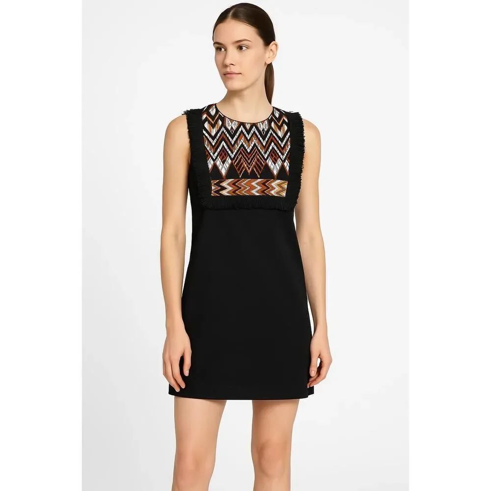 DKNY Black Geometric Embroidered Fringe Mini Sleeveless Shift Dress Womens XXS